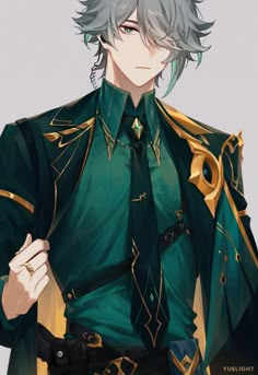 an anime character with grey hair wearing a green coat and gold trimming on his jacket