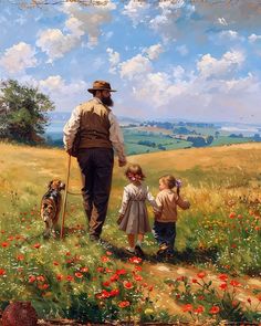 a painting of a man with two children and a dog in a field full of poppies