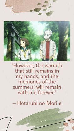 two anime characters standing next to each other in front of trees and the caption reads,