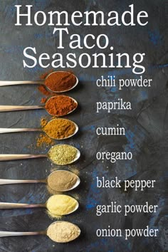 the ingredients for homemade taco seasoning in spoons on a chalkboard background