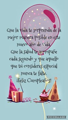 a birthday card with balloons and presents on the ground, in spanish language that reads happy birthday