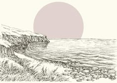 an ink drawing of a cliff by the ocean with rocks and grass in front of it