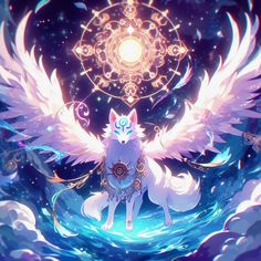 a white dog with angel wings sitting on top of a body of water in front of a star filled sky