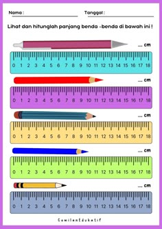 the rulers and pencils are labeled with numbers, words, and letters on them