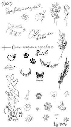 several different types of tattoos on a white sheet with writing and symbols in black ink