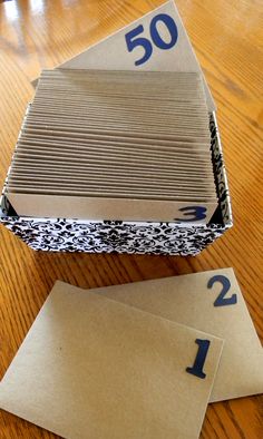 an open box with some brown paper on top of it and two blue numbers next to it