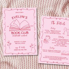 two pink flyers for an event with the words evelyn's book club on them