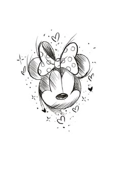 a black and white drawing of minnie mouse