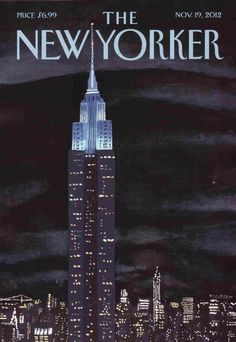 an advertisement for the new yorker building at night with city lights in the background