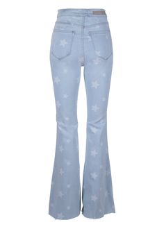 star print bell bottoms Trendy Straight Leg Flare Jeans With Star Print, Trendy Cotton Flares With Flared Hem, Trendy Blue Summer Flares, Trendy Denim Flare Jeans With Star Print, Trendy Star Print Denim Flare Jeans, Trendy Blue Wide Leg Flares, Denim Blue Cotton Flares, Casual Flare Jeans With Star Print, Spring Wide Leg Jeans With Star Print