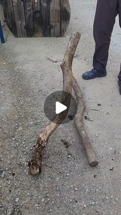 a man standing next to a dead tree branch