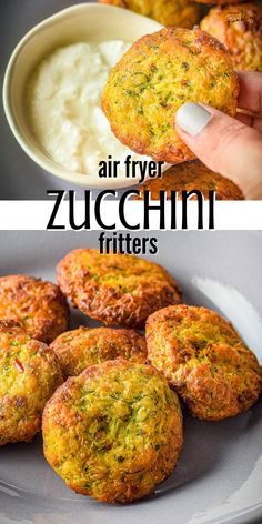 two pictures with different types of food on them and the words air fryer zucchini fritters