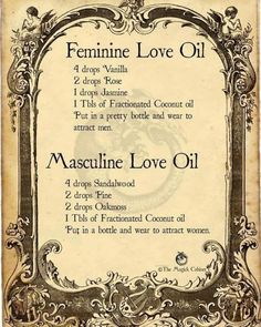 Attraction Perfume Spell, Feminine Love Oil, Lilith Essential Oils, Herbal Potions Recipes, Love Perfume Witchcraft, Witch Perfume Recipes, Attraction Oil Recipe Witchcraft, Beauty Potions Witchcraft, Come To Me Oil Recipe Hoodoo