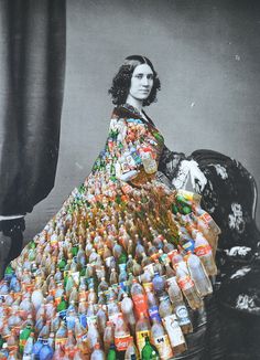 an old black and white photo of a woman sitting on a chair covered in bottles