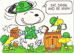 a cartoon dog wearing a green hat and holding a beer