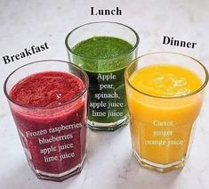 three glasses filled with different colored juices on top of a white counter next to each other