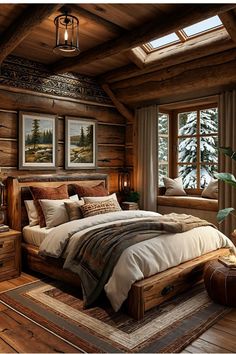 a bedroom with wooden walls and flooring has a large bed in the middle, along with two windows