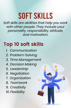 a poster with the words soft skills and an image of a man holding his hands up