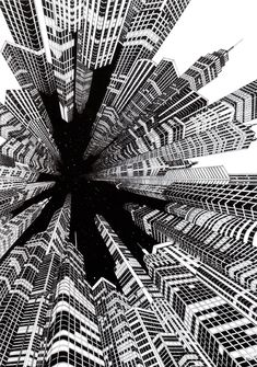 an abstract black and white photo of skyscrapers in the city, looking up into the sky