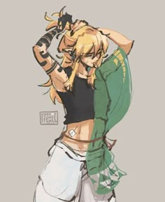 an anime character with blonde hair and green jacket holding her arm up to her head