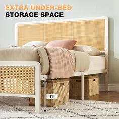 a bed with storage baskets underneath it and the text extra under - bed storage space below