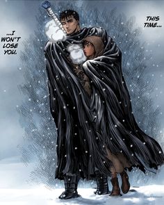 an image of a man holding a child in the snow with his arms wrapped around him