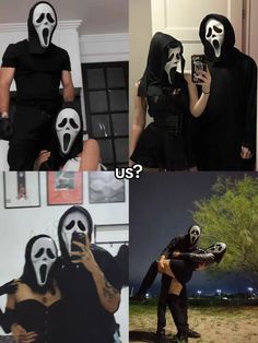 two people dressed up as ghost and one is taking a selfie with his cell phone