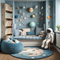 a child's room decorated in blue and white with toys on the floor, bookshelves and shelves