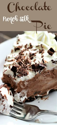 a piece of chocolate french silk pie on a white plate with a fork in it