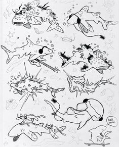 black and white drawing of different types of animals in the water, with bubbles coming out of their mouths