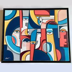 a painting on the wall with many different colors and shapes, including blue, red, yellow, orange, and white