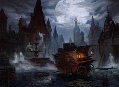 a painting of a steam engine in front of a city with tall buildings at night