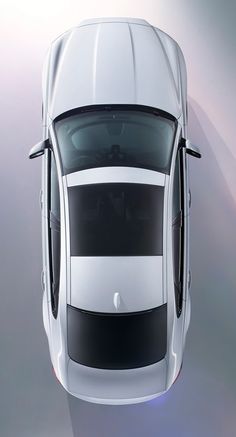 an overhead view of a white car with black stripes on the front and side doors