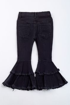 4t pants: 22" long & 10" wide hips 5/6 pants: 23" long & 10.5" wide hips 7/8 pants: 24" long & 11" wide hips 9/10 pants: 25" long & 12" wide hips Girls Black, Denim Flares, Black Denim, Pants, Black, Trousers