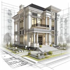 an architectural drawing of a two story house with balconies on the second floor