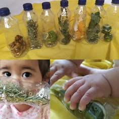 a collage of photos with baby's hands and bottles filled with herbs