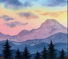 watercolor painting of mountains and trees at sunset