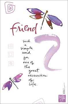 a greeting card with the words, friend and two dragonflies on it's side