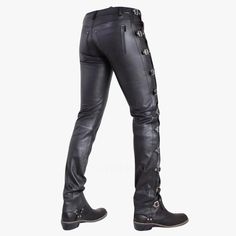 Authentic black leather pants designed for bikers with a touch of southern flair. Ride in style at the rodeo! Free shipping on all our leather pants. It takes approx seven to nine business days to complete each leather pant. Material: 100% Soft Cow-Leather. Style: Side Buckle Pant. Two front pockets. Two Back Pockets. Do you want to find stylish and durable pants? Check out our selection of men's black genuine leather side buckle pants. These pants are carefully crafted for modern bikers and emb Biker Pants With Belt Loops And Standard Cut Leg, Black Leather Jeans With Standard Cut, Black Leather Full-length Jeans, Straight Leg Leather Pants For Biker Events, Fitted Faux Leather Biker Pants, Fitted Leather Gothic Pants, Black Gothic Leather Pants For Fall, Faux Leather Biker Pants For Fall, Biker Leather Pants With Belt Loops