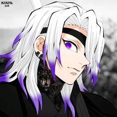 an anime character with white hair and purple eyes