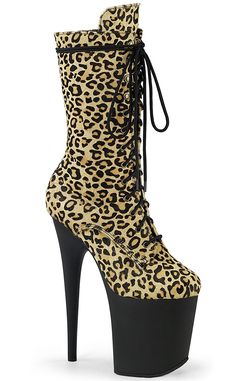 FLAMINGO-1050LP Leopard Print Mid Calf Boots-Pleaser-Tragic Beautiful Platform Shoes Boots, Pleaser Heels, Japan Woman, Pony Hair, Calf Boots, Mid Calf Boots, Platform Shoes, Mid Calf, Faux Suede