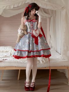 This adorable Lolita dress features a charming teacup and teddy bear print, adding a touch of whimsy to your look. The drawstring waist allows for a customizable fit, while the red bowknot and padded heart detail on the waist create a sweet and playful accent. Perfect for adding a kawaii touch to your wardrobe. SizeSMLFull Length6971.574Bust78-9083-9588-100Hem Circumference285290295Waist66-7871-8376-88 Beige Summer Dress, Peter Pan Collar Blouse, Fashion Design Drawings, Blue Baby, Printed Drawstring, Modern Outfits, Historical Clothing, Lolita Dress, Heart On