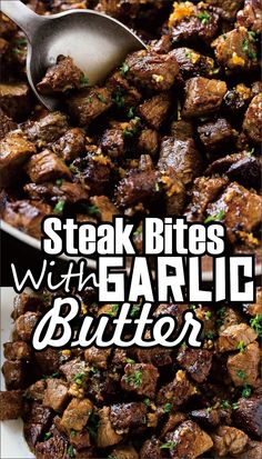 steak bites with garlic butter in a white bowl