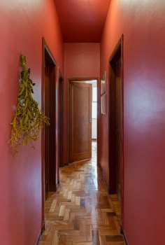 an empty hallway with red walls and wooden floors