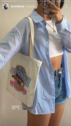 First Date Summer Outfit, Philippines Outfit Street Styles, Outfit Verano 2020, Tote Bag Ootd, Ootd Totebag, Blue Button Down Shirt Outfit, Casual Fashion Aesthetic, Fashion Outfits Winter, Fall Fashion Casual