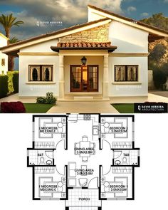 the floor plan for a small house with three bedroom and an attached kitchen area, is shown