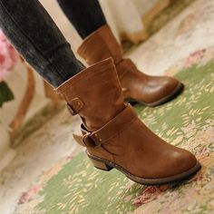 British Casual Wrapped Buckle Short Martin Boots Brown Flat Boots, Low Heel Ankle Boots, Buckle Ankle Boots, Boots Casual, Ankle Boots Flat, Buckle Shoes, Trending Styles, Women Boots