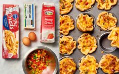 an assortment of baked goods on a baking sheet next to eggs, milk and other items