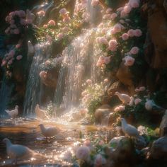 the waterfall is surrounded by pink roses and white doves, while birds are swimming in the water