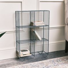 a metal shelf with books on it next to a rug and wall mounted planter